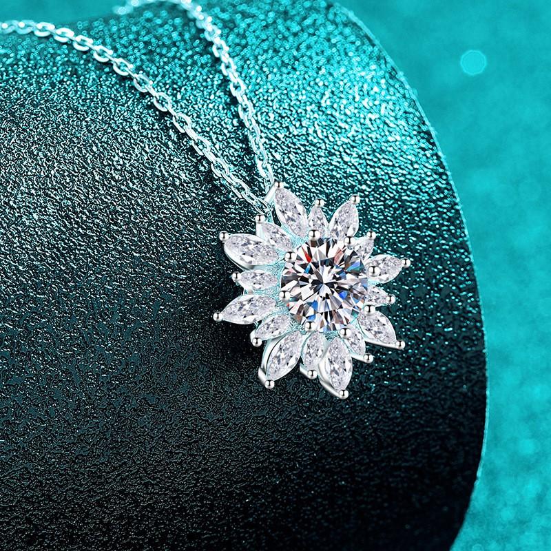 Sterling Sunflower Pendant Necklace Women CZ Moissanite Floral Choker Minimalist Elegant Layered Chain Jewelry