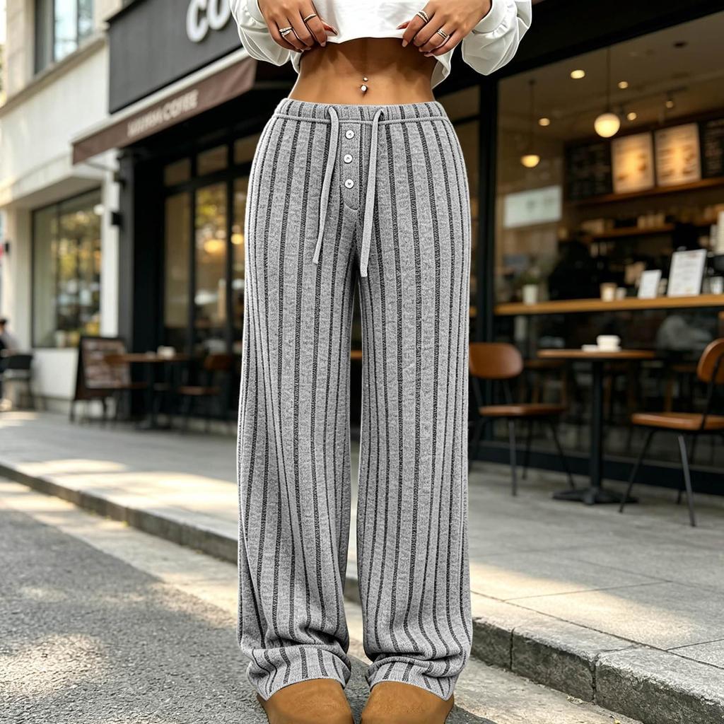 Women's Casual Wide Leg Ribbed Knit Pants, Loose Fit Trousers for Everyday