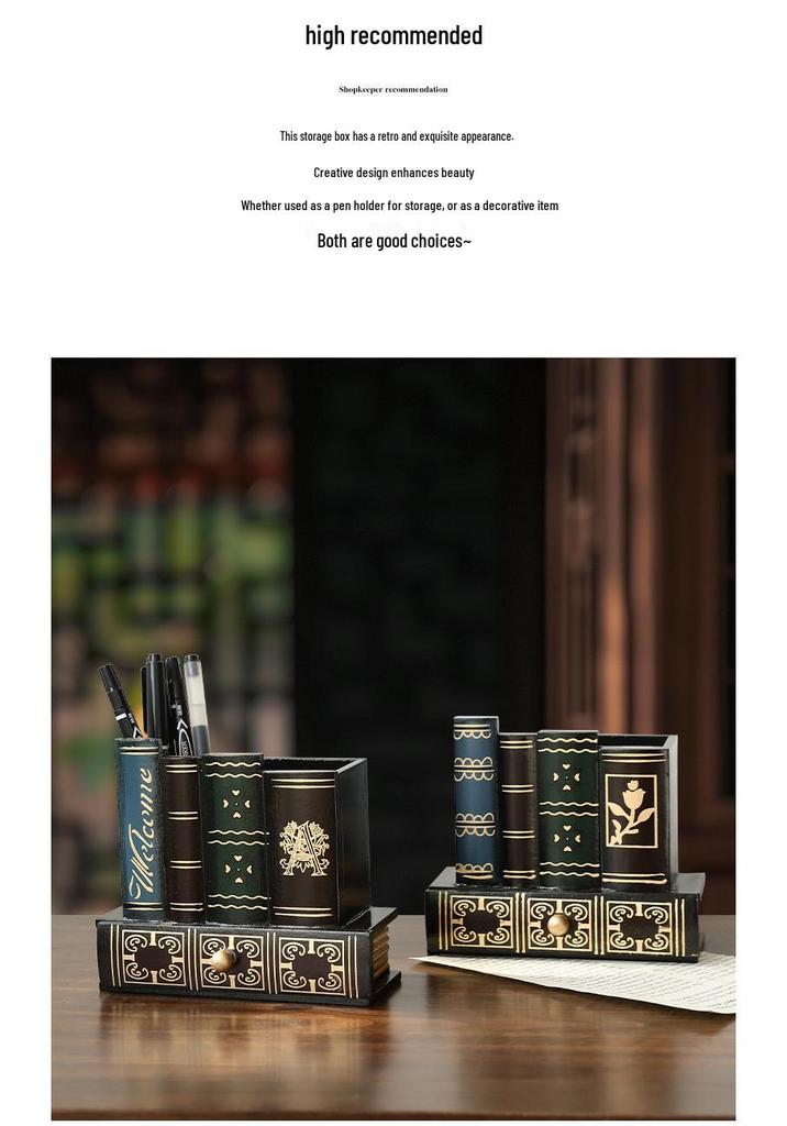 American Retro Wooden Pen Holder: Multi-functional Fake Book Desktop Storage Box and Home Study Ornament.