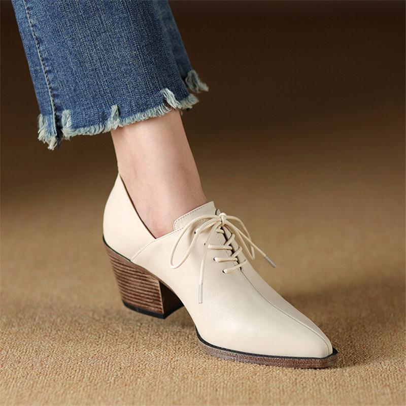 Fashion New Spring Genuine Leather Women Shoes Pointed Toe Women Pumps Fashion High Heel Loafers Shoes for Women Chunky Heel Shoes Black