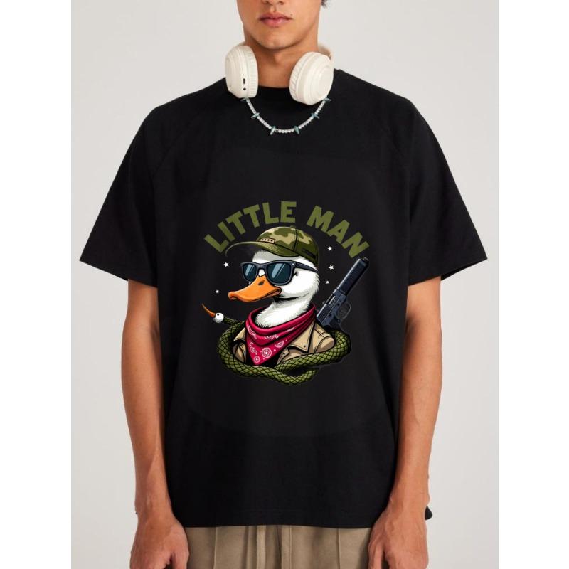 

Men s White T-Shirt Little Man Duck with Hat Sunglasses Bandana and Gun Graphic Print Casual Streetwear Top XXXXL чёрный