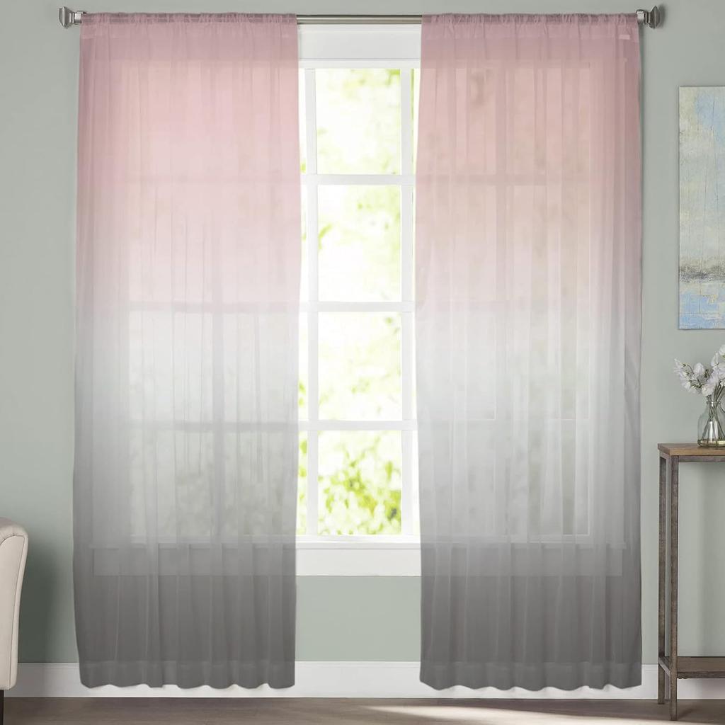Ombre Pink Grey Sheer Curtains 63 Inches Length 2 Panels Set Chiffon Curtain Sheers for Living Room, Modern Solid Color Gradient Rod Pocket Window