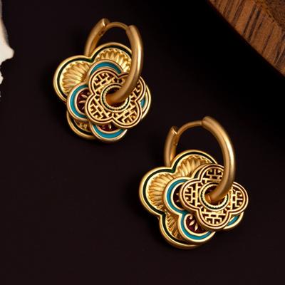 Chinese Court Style Four-leaf Clover Hollow Enamel Craftsmanship Light Luxury Temperament Ear Buckle