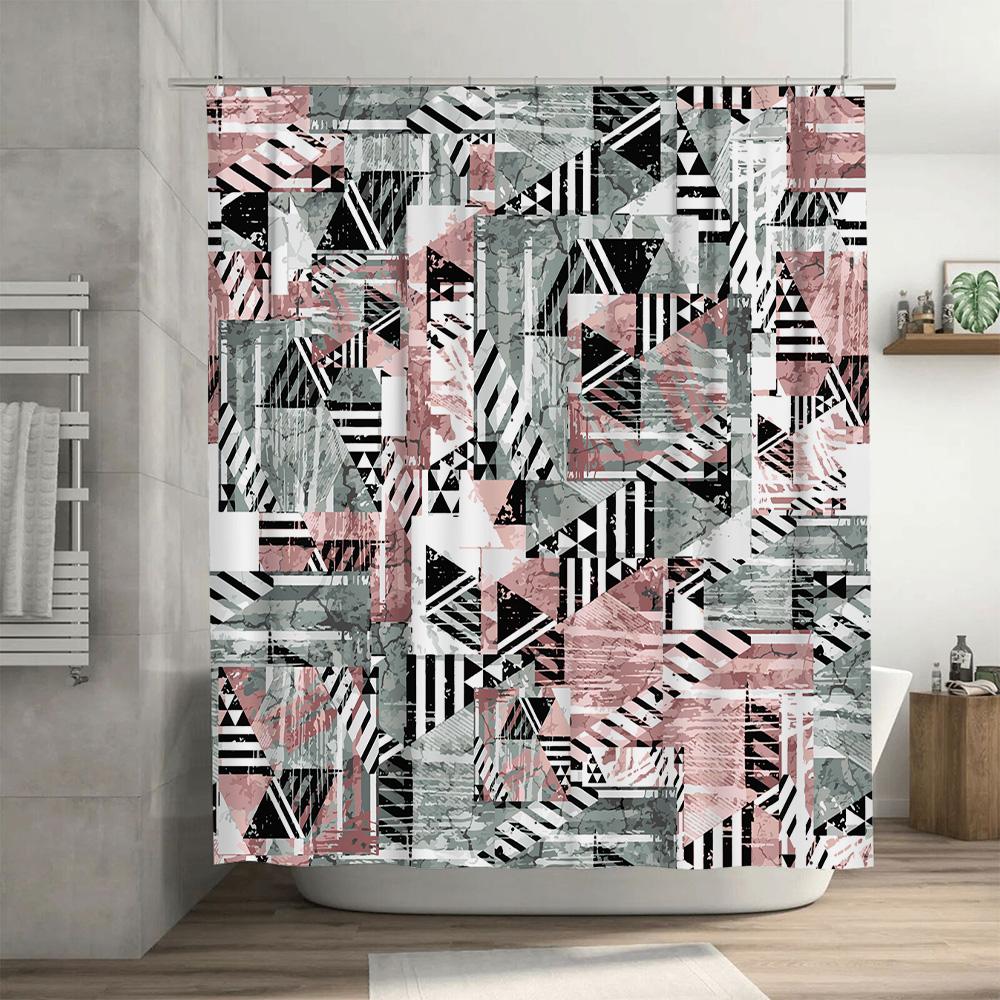 Geometric Pattern Shower Curtain Decorative Waterproof Bath Rug Liner for Home Bathroom Accessories In Pink Black