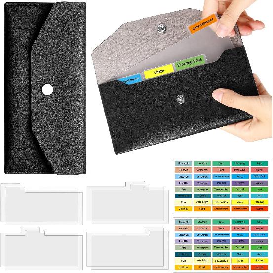 Frienda 1 Cash Envelope Wallet PU Leather Reble Budget Envelope 8 Cash Dividers 2 Sheets Category Sticker Labels for Wallets Bill Planner(Black