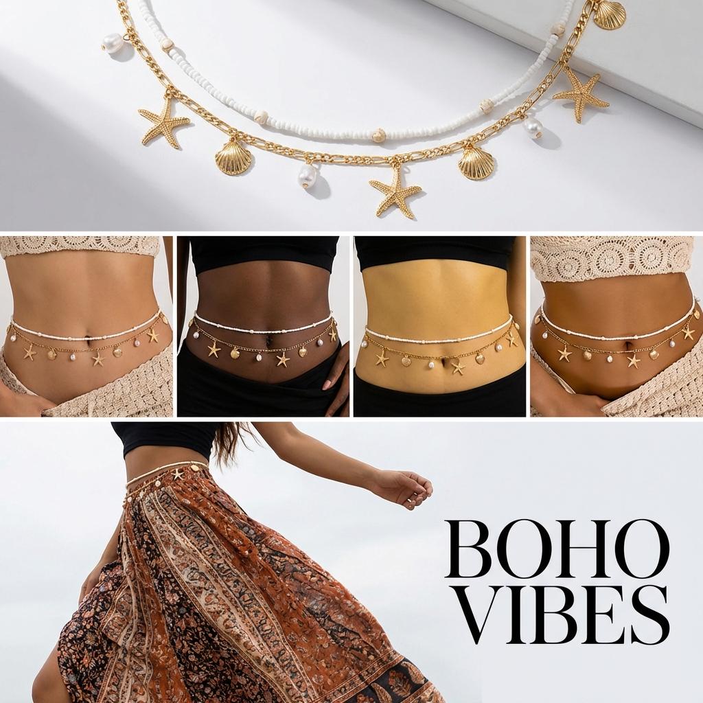 Summer Beach Layered Beads Waist Chain for Women Boho Starfish Pearl Shell Charms Sexy Bikini Belly Body Chains Vacation Jewelry