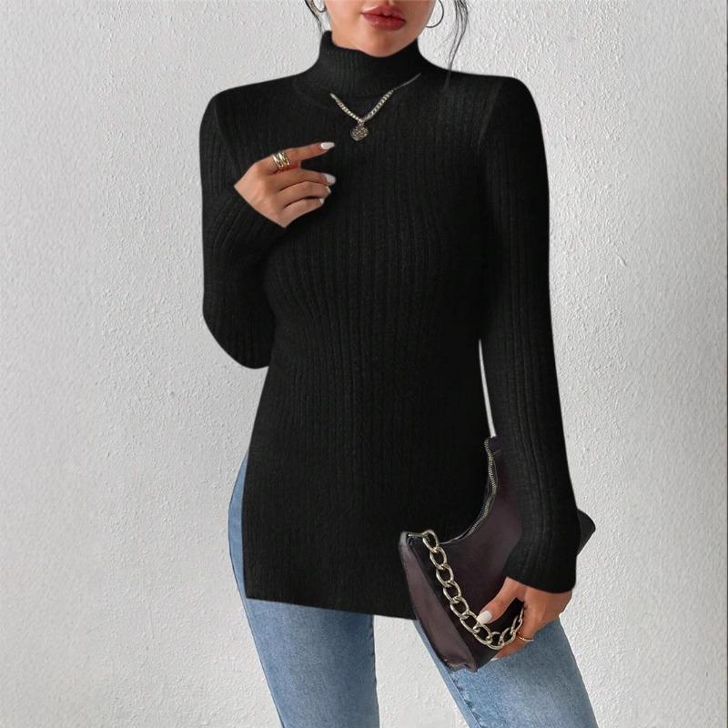 

Женский сексуальный свитер осень-зима водолазка трикотажный подол разрез топ однотонный цвет L чёрный