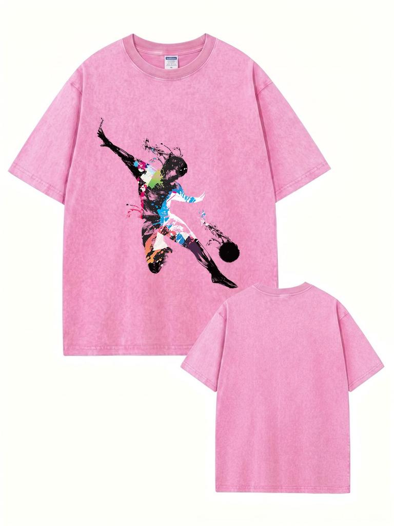 T-shirt in Cotone Lavato Vintage da Uomo Estiva Casual Manica Corta Stile Retrò Grafica Artistica con Stampa Calcio Girocollo Top