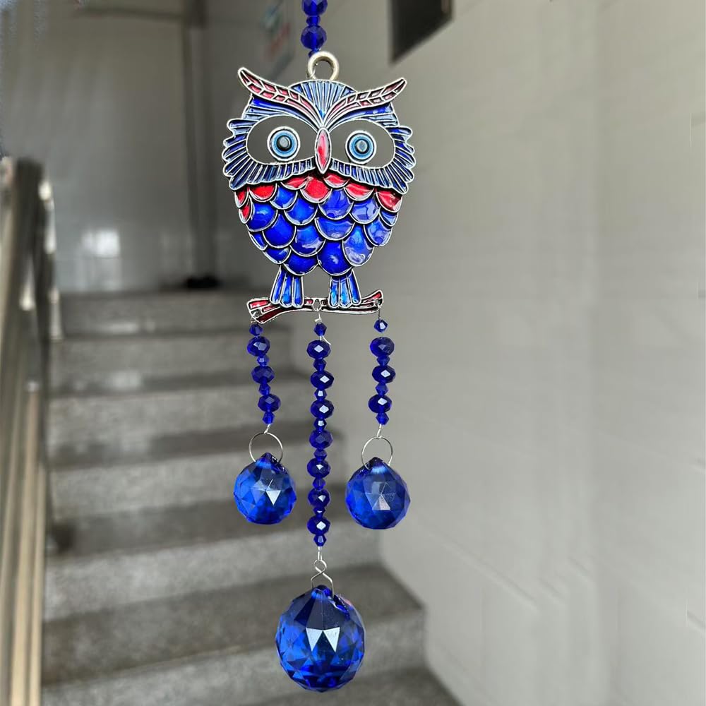 Decorative Owl Crystal Suncatcher with Blue Evil Eye Design and Glass Beads, Hanging Window Ornament (1 Owl)