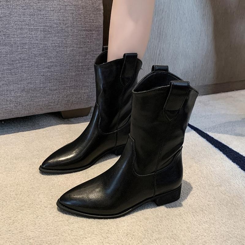 New Retro Soft Leather Short Boots Women's Western Style Autumn Winter Fashionable Pointed Toe Versatile Denim Boots for Ladies