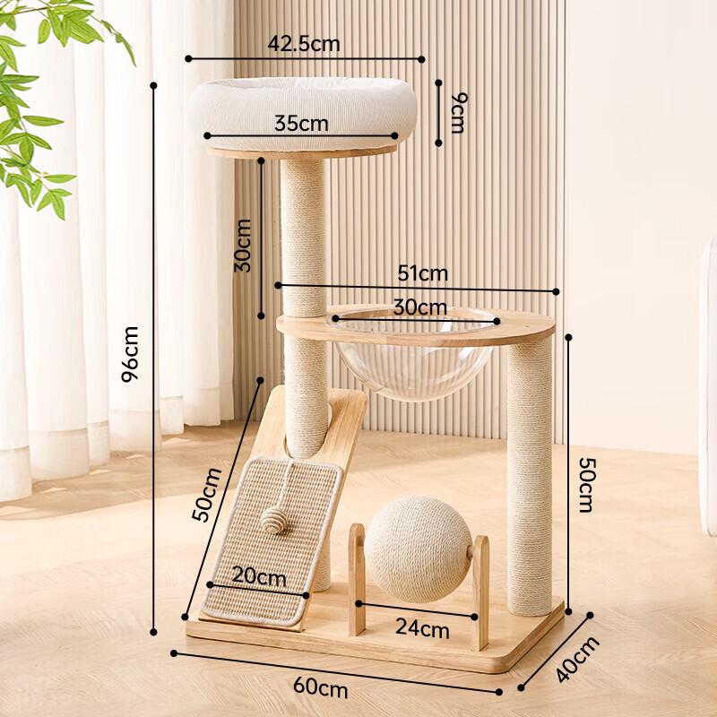 Space-Saving Solid Wood Cat Tree with Cozy Bed and Scratching Post