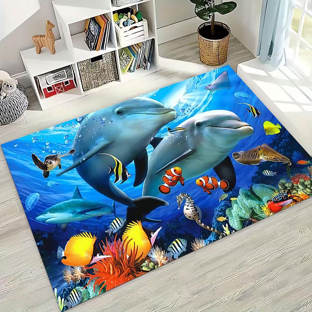 Dream Underwater World Sea Dolphin Turtle Coral Art Rug for Bedroom Living Room Sofa Home Doormat Decor,Kids Non-slip Floor Mat