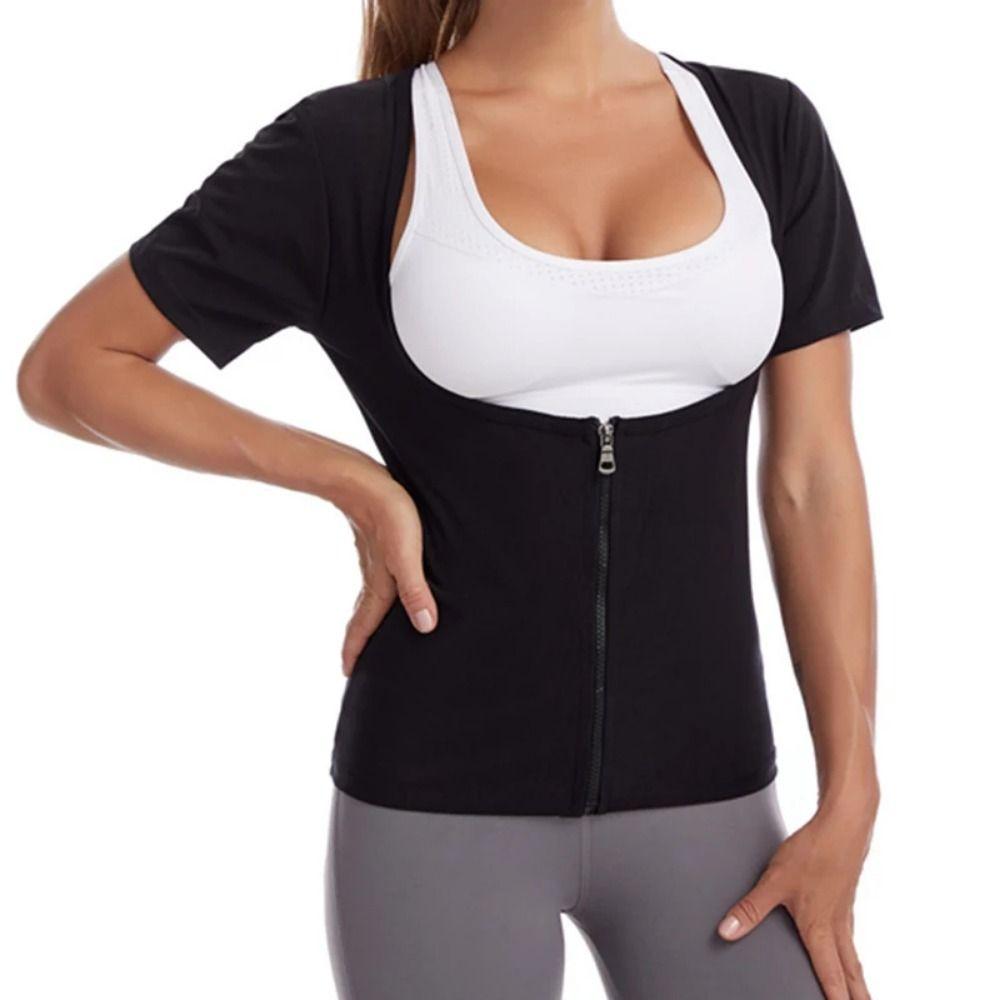 Short Sleeve Women Sauna Suits Zipper Design Compression Shapewear  Bodybuilding