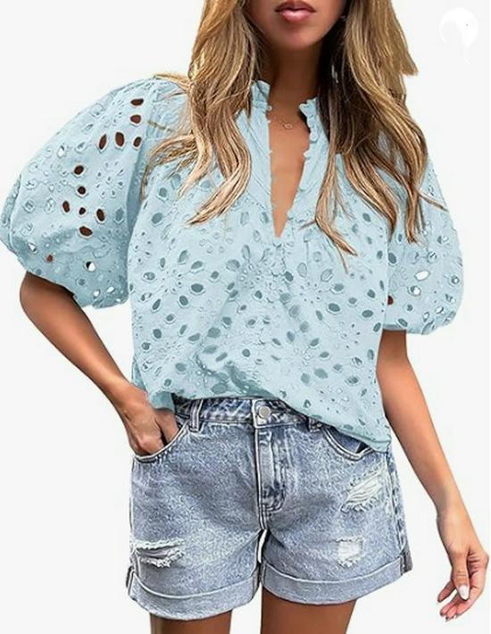Women's V-Neck Lace Embroidery Lantern Sleeve Summer Top