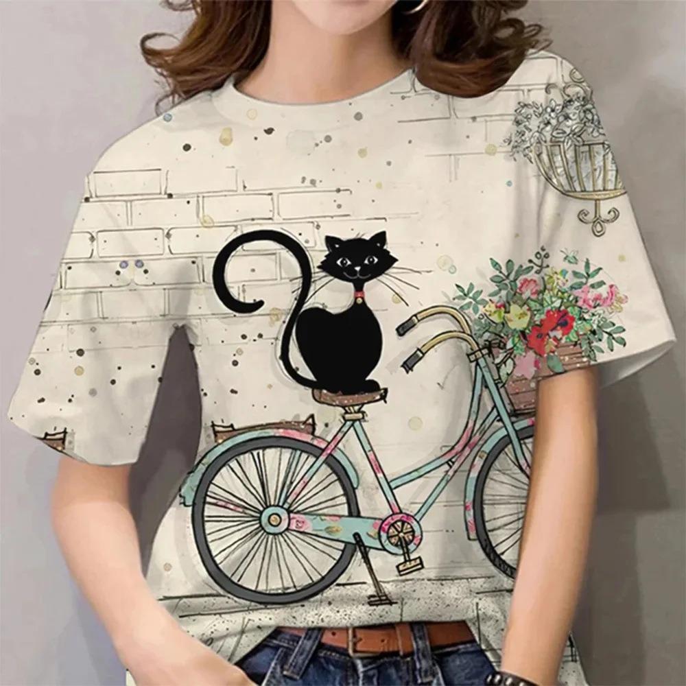 Abstract Cat Sketch 3D Digital Printing Women's Comfortable Round Neck Short Sleeve T-shirt