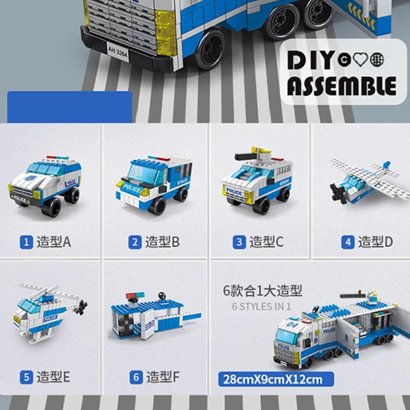 6In1 Police Sports Car Fire Engineering Engine Mini Loader Truck Plane Classic City Model Building Blocks Sets Bricks Toys Gifts