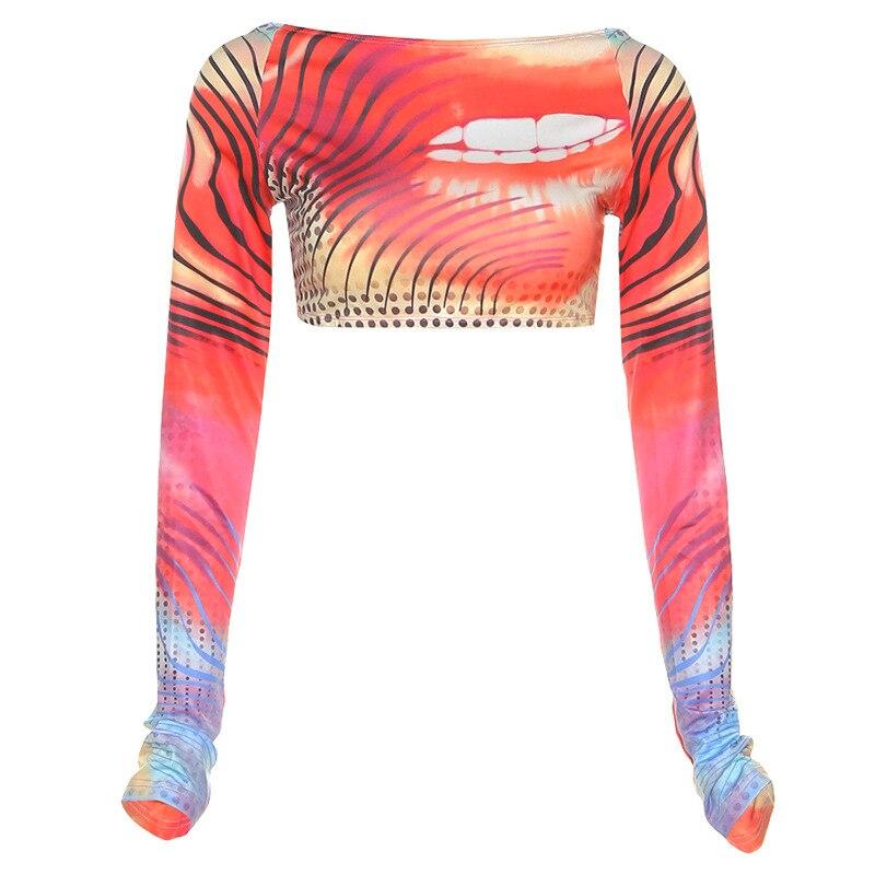 

Летняя модная футболка Y2K с принтом губ для девочек, стильная женская уличная одежда для ночного клуба, короткий топ с круглым вырезом и длинными рукавами 21664 S красный