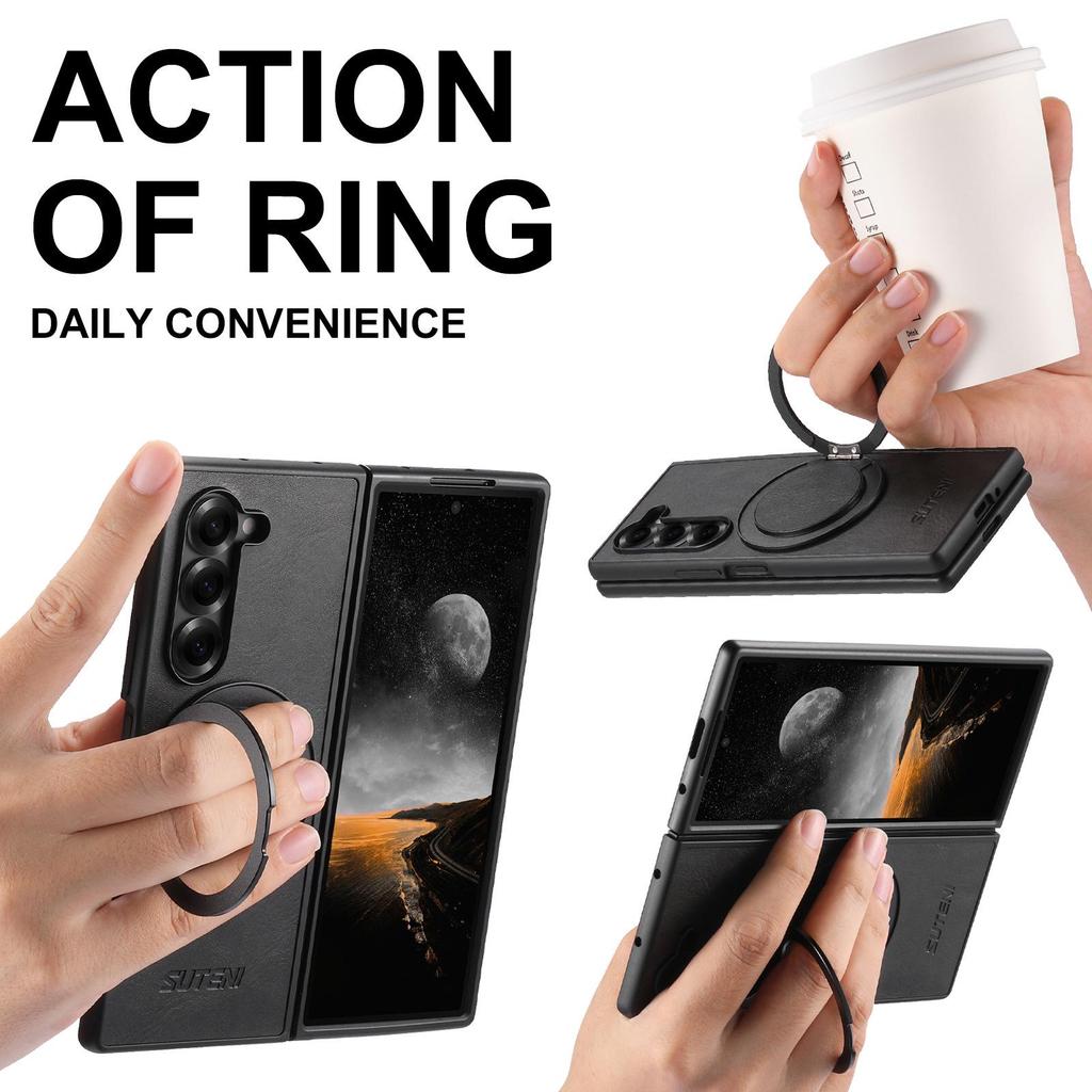 Samsung Z Fold7/6/5 Magnetic Wireless Charging Leather Case with 360° Rotating Ring Stand