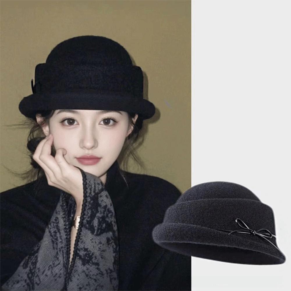 Bow Woolen Bucket Hat Camellia Flower Women Formal hat Retro Wool Fisherman Hat  Travel