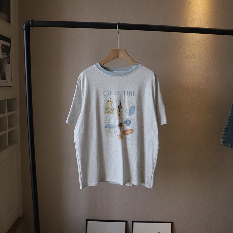 

2025 Korean Style Color Block Cartoon Print Crew Neck Loose T-shirt for Women One Size