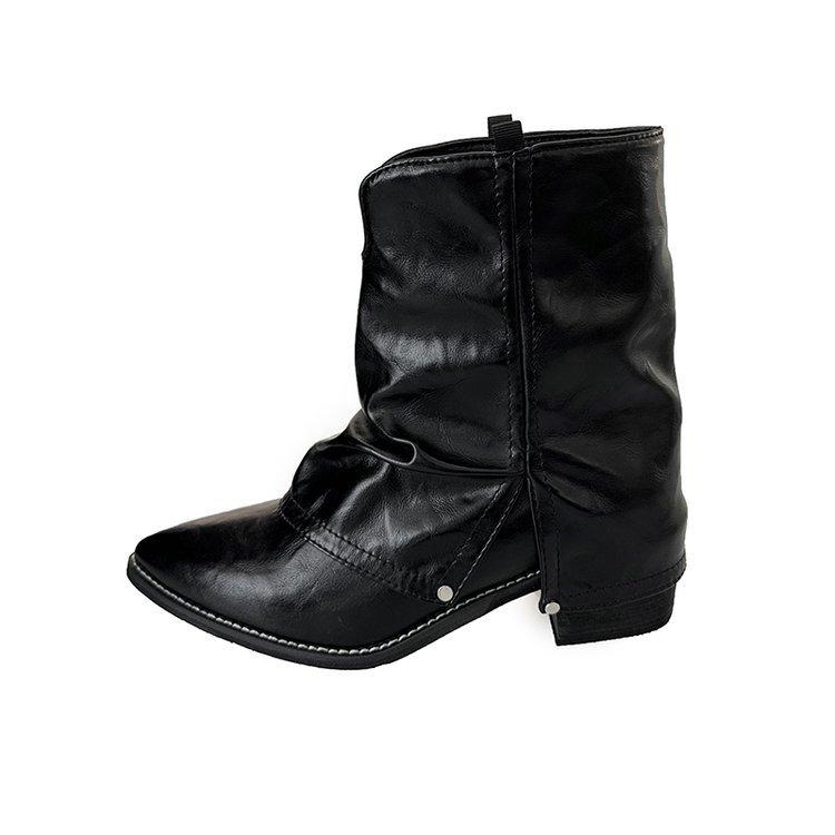 Sheepskin version! Retro American boots pointed black thin one-pedal short trousers stacked boots female summer