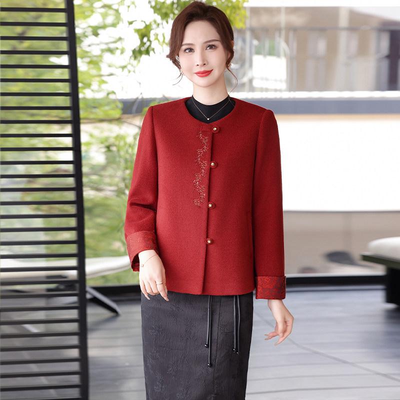 

Women s Chinese Style Red Wool Tweed Embroidered Coat, Short Formal Wear for Middle-Aged Mother s Wedding Banquet 4XL (Recommended 150-165 jin)