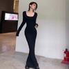 Y2K Sexy Black Dress Women Vintage Wrap Slim Bodycon Long Dresses Party Evening Square Collar Fashion Spring Outfits