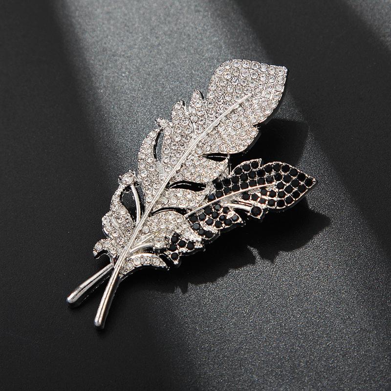 Elegant Rhinestone Black White Feather Brooch Pin For Women Clothing Coat Jewelry Accessries Gifts