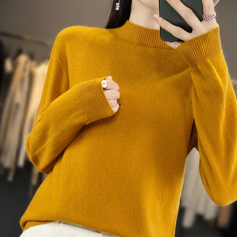 Women's Slimming Wool Sweater - Half High Neck, Long Sleeve, Loose Velvet Pullover, Versatile Knitwear for Autumn/Winter.