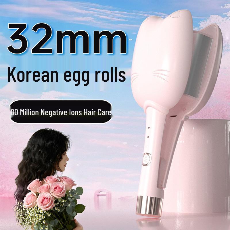 32mm Negative Ion Egg Roll Curling Iron with Cat Claw Design, Korean-Style Water Ripple, Portable. EU Plug Pink