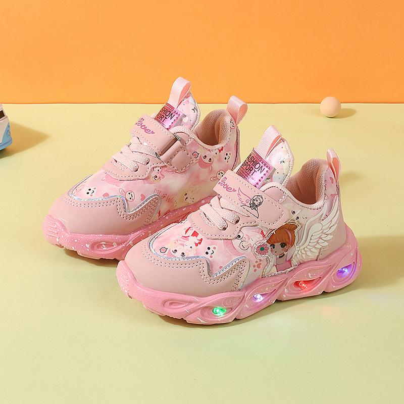 New Kids LED Sneakers Cute Cartoon Princess Girls Shoes Non-Slip Light Up Casual Sneakers For Toddler
