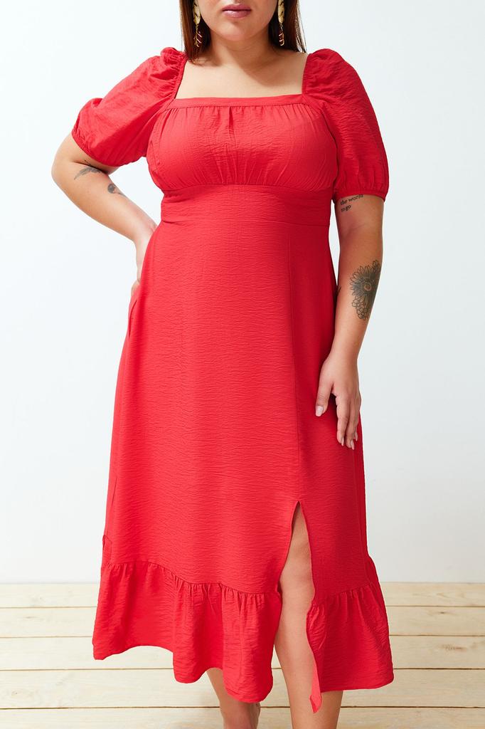 Women's Style Plus Size Red Crew Neck Ruffle Skirt Woven Dress