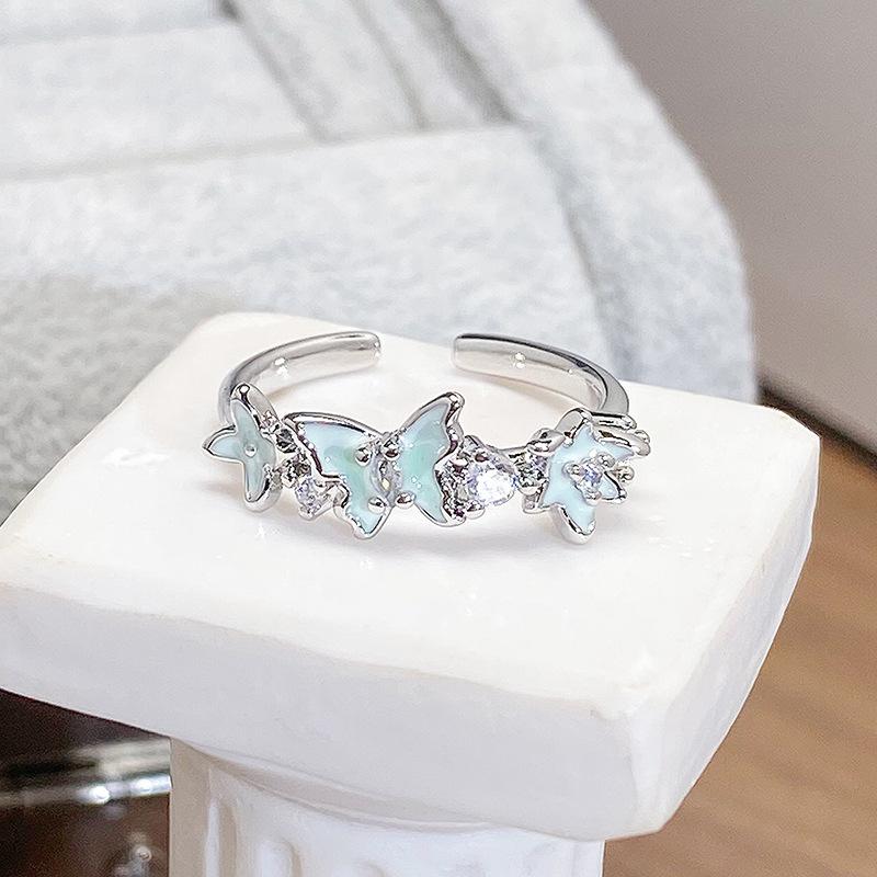 Spring And Summer Small Fresh Mint Green Enamel Dripping Oil Butterfly Opening Ring Personalized Niche Light Luxury High-End Ring