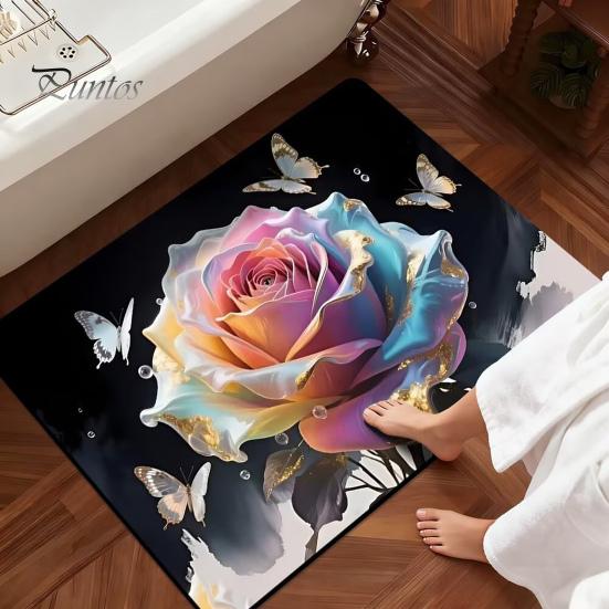 Floral Bathroom Rug 3D Rose Realistic And Butterflies Floor Mat Soft Absorbent Bath Non-Slip for Entrance Kitchen Bedroom Living Room