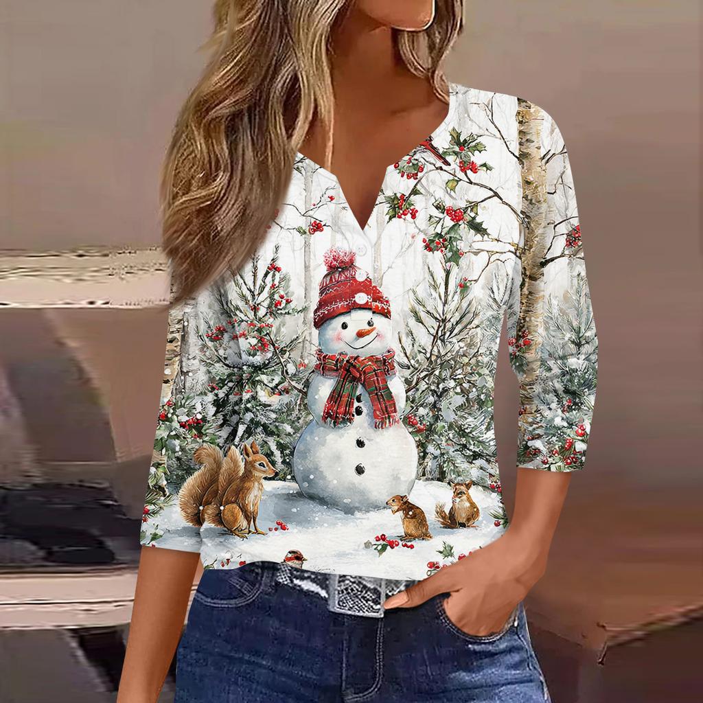 Women's Fashion Casual Halloween Printed V-Neck Short Sleeve Decorative Button Three-quarter Sleeve T-shirt Top