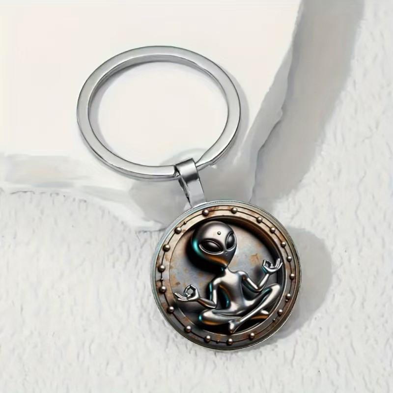 Metal Alloy Keychain Pendant with Alien Meditating Design Durable Round Key Ring Accessory for Keys Bags and Collectibles