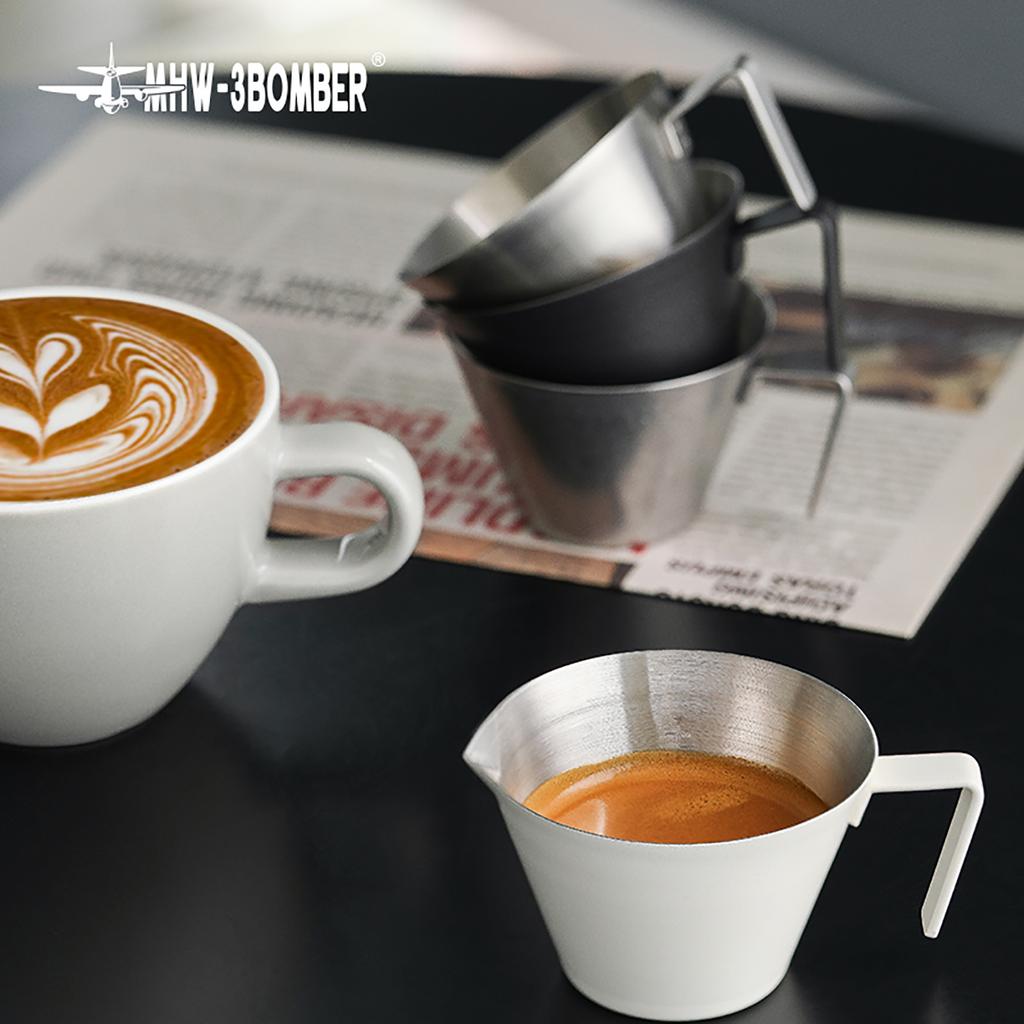 MHW-3BOMBER 100ml Espresso Measuring Cups Single/Double Spouts Stainless Steel Espresso Shot Cups with Handle Scale Barista Tool