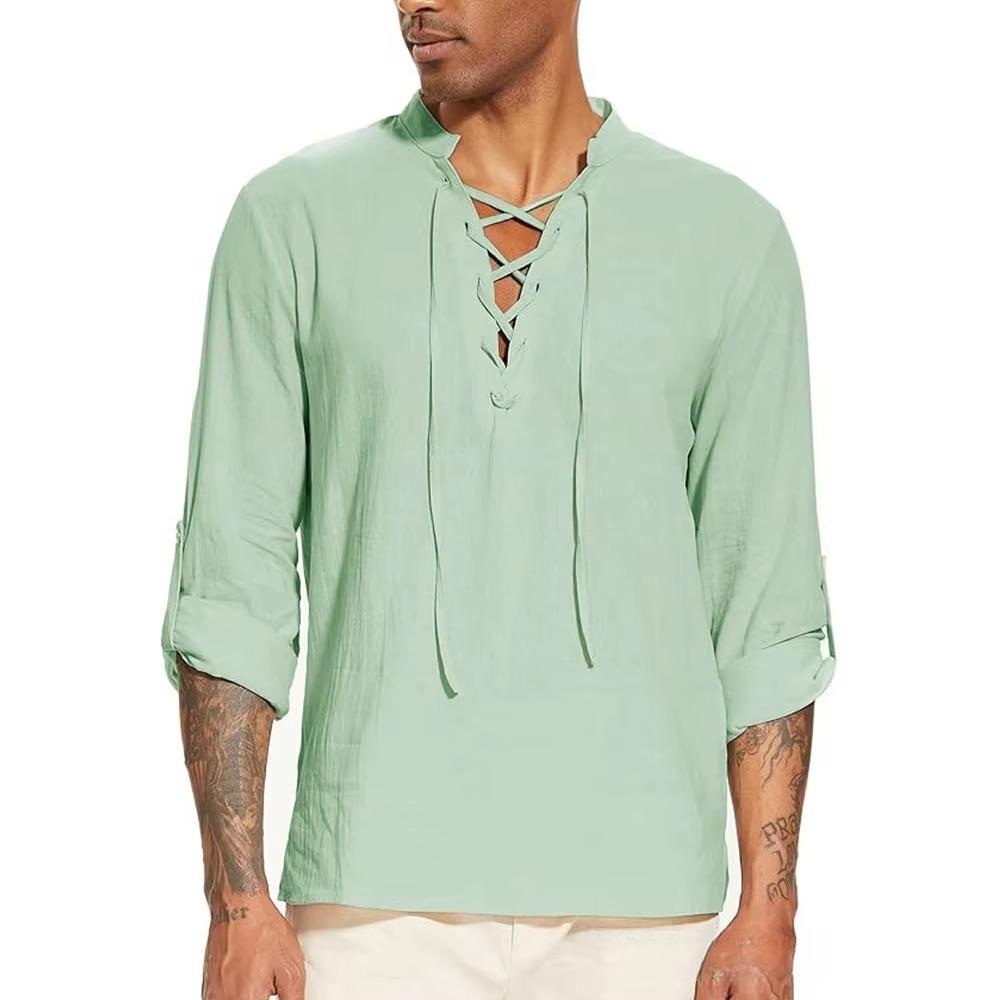 Men's Pirate Shirt Medieval Viking Henley Collar Shirts Drawstring Cotton Linen Lace Up V Neck Shirts Beach Spring Summer Tops