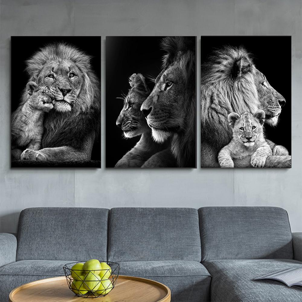 Animals Black And White Lions Love Family Prints Poster Canvas Painting Modern Wall Art Pictures Living Room Bedroom Home Decor