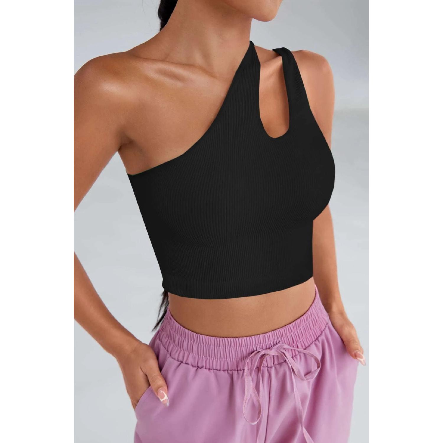 

Women s Black One Shoulder Cut Out Detailed Crop Top Blouse S/M чорний
