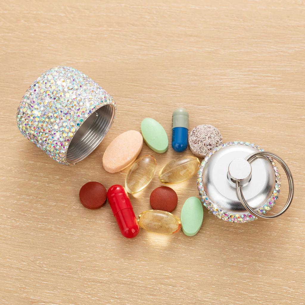 Portable Diamond Pills Case Keychain Waterproof Pills Container Small Box Pendant for Travel and Outdoor Activities