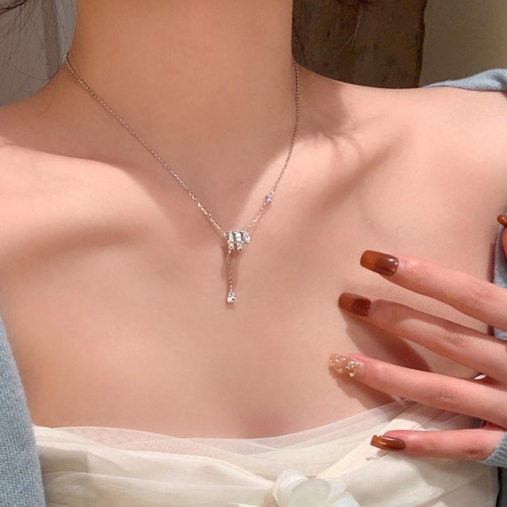 S925 Sterling Silver Snake Necklace with Water Drop Tassel & Inlaid Diamonds - Women's Versatile Clavicle Chain