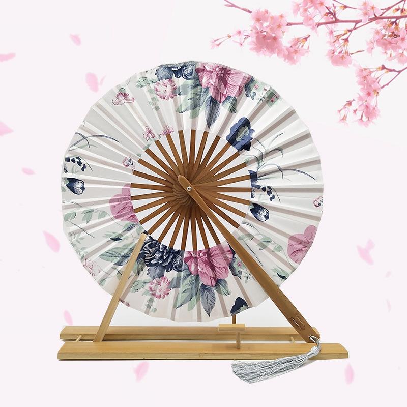 Japanese Sakura Flower Printed Fans Folding Fans Ancient Tassel Round Hand Fan Dance Performance Photo Prop Wedding Party Decor