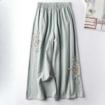 Pantalones casuales de algodón y lino para primavera y verano, diseño fino, estilo étnico retro, pantalones de pierna ancha bordados, pantalones cropped versátiles
