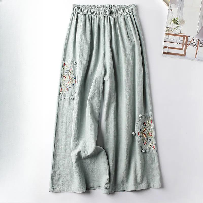 

Cotton and linen casual pants for spring and summer, thin design, retro ethnic style, embroidered wide leg pants, versatile cropped pants 2XL зелений