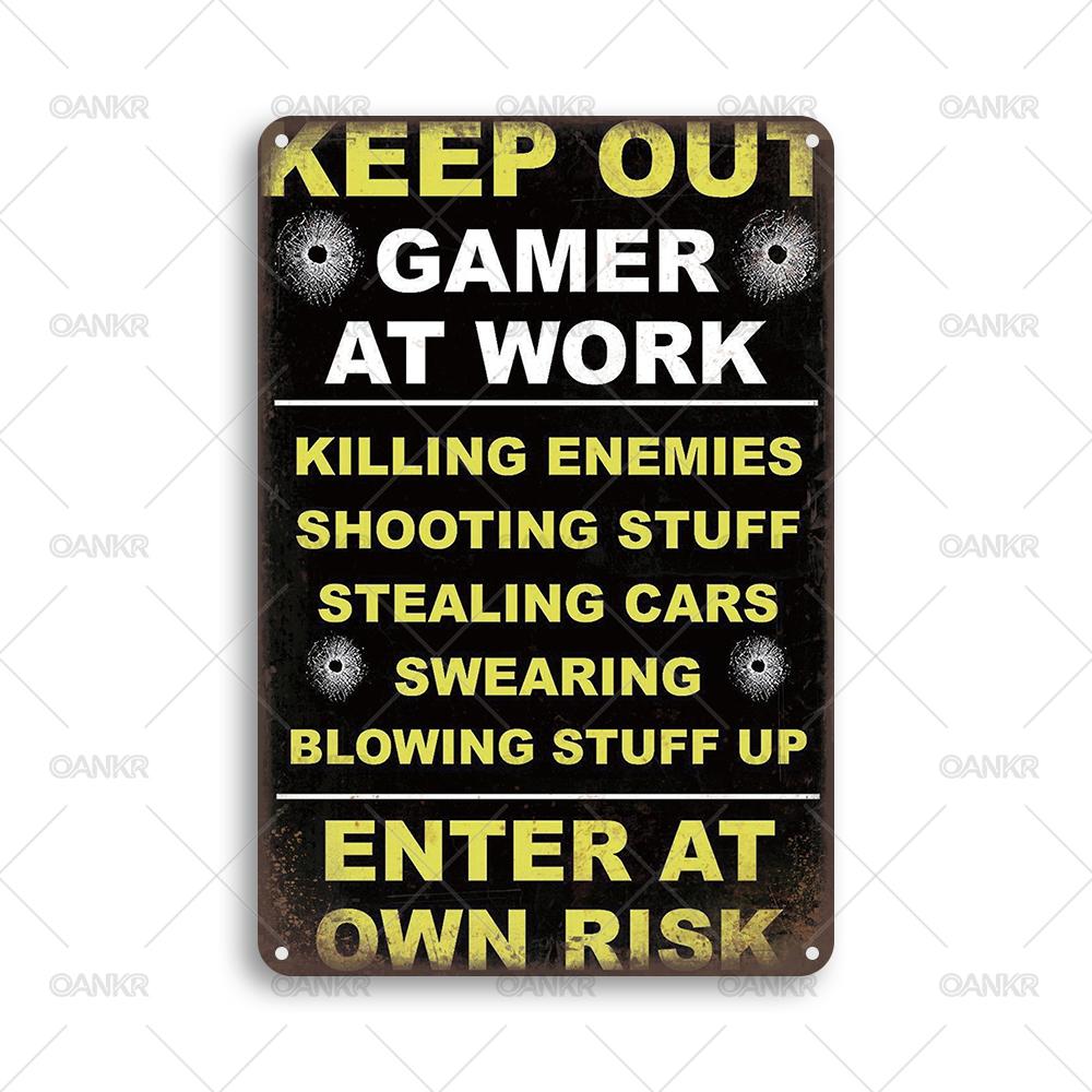 Funny Metal Tin Sign Keep Out Gamer At Work Retro Tin Sign Metal Signs for Man Cave Home Wall Art Decor Plaque Accessories 20x30cm