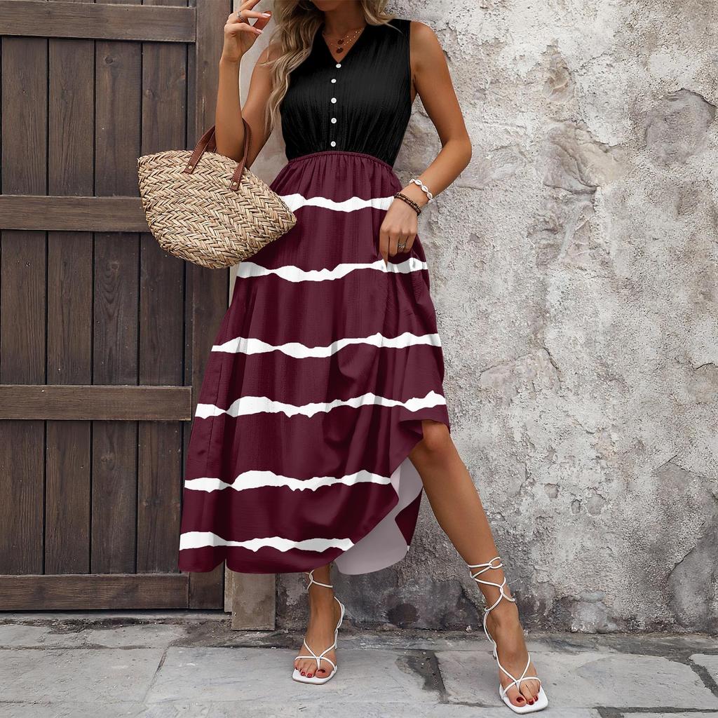 Dámské ležérní a módní šaty střední délky bez rukávů s potiskem a výstřihem do V