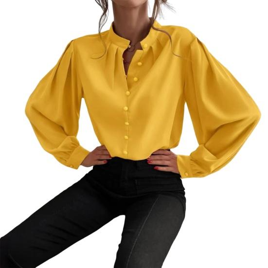 Women Shirt Stand Collar Puff Long Sleeve Buttons Placket Shirt Tops Pure Color Loose