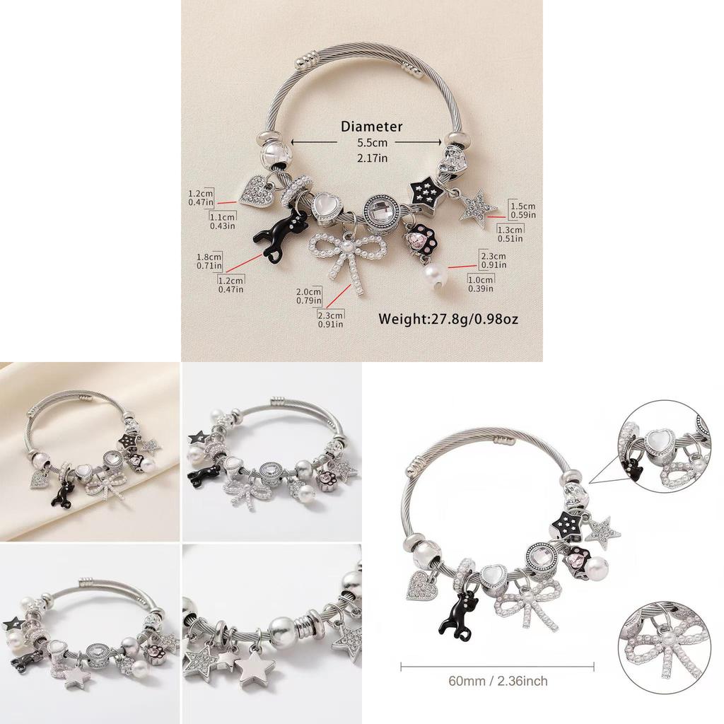 Stainless Steel Cat Bowknot Star Charm Bracelet For Fashion Casual Wear