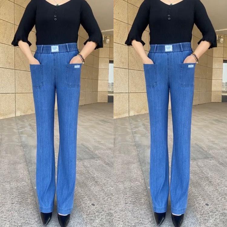 Dámské kalhoty s vysokým pasem z ledového hedvábí s rovnými nohavicemi – Měkký, opraný denim s elastickým splývavým materiálem pro volný, módní vzhled, který omlazuje